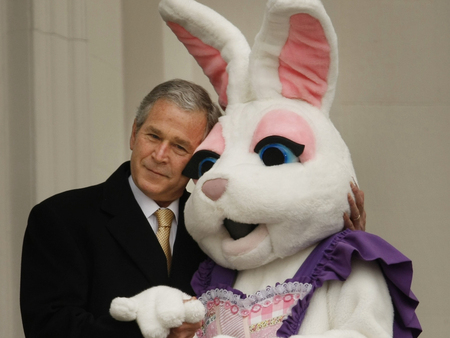 President Bush gives the Easter Bunny a warm hug