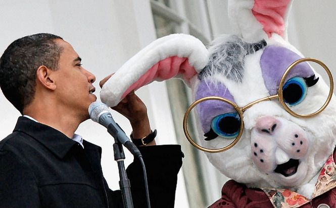 Obama whispers state secrets into the Easter Bunny's attentive ear