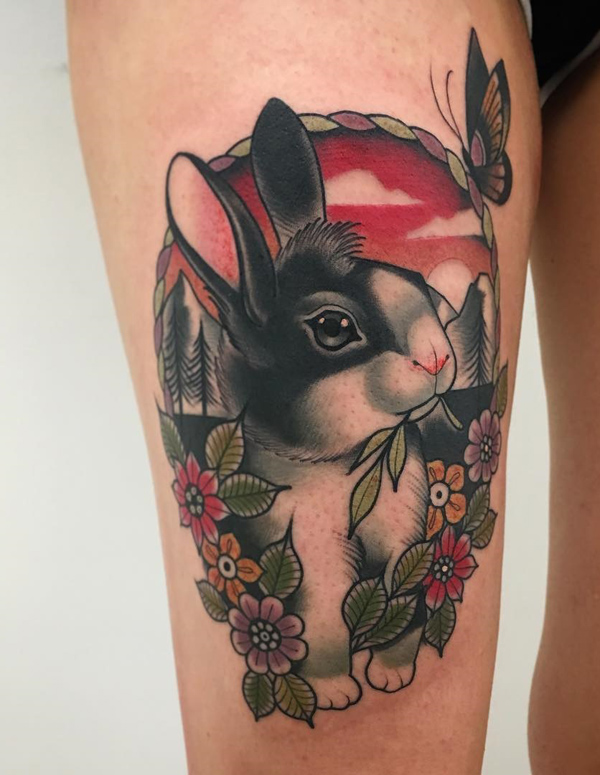 Neotraditional rabbit tattoo on Ryan