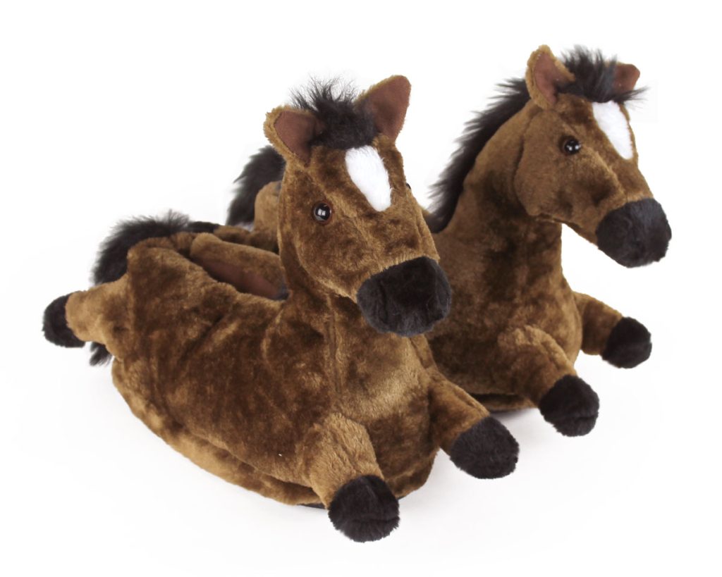 a pair of plush brown horse slippers

