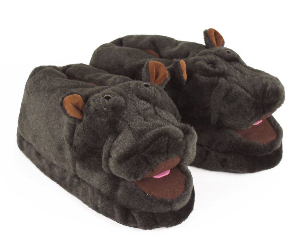 pair of plush hippo slippers