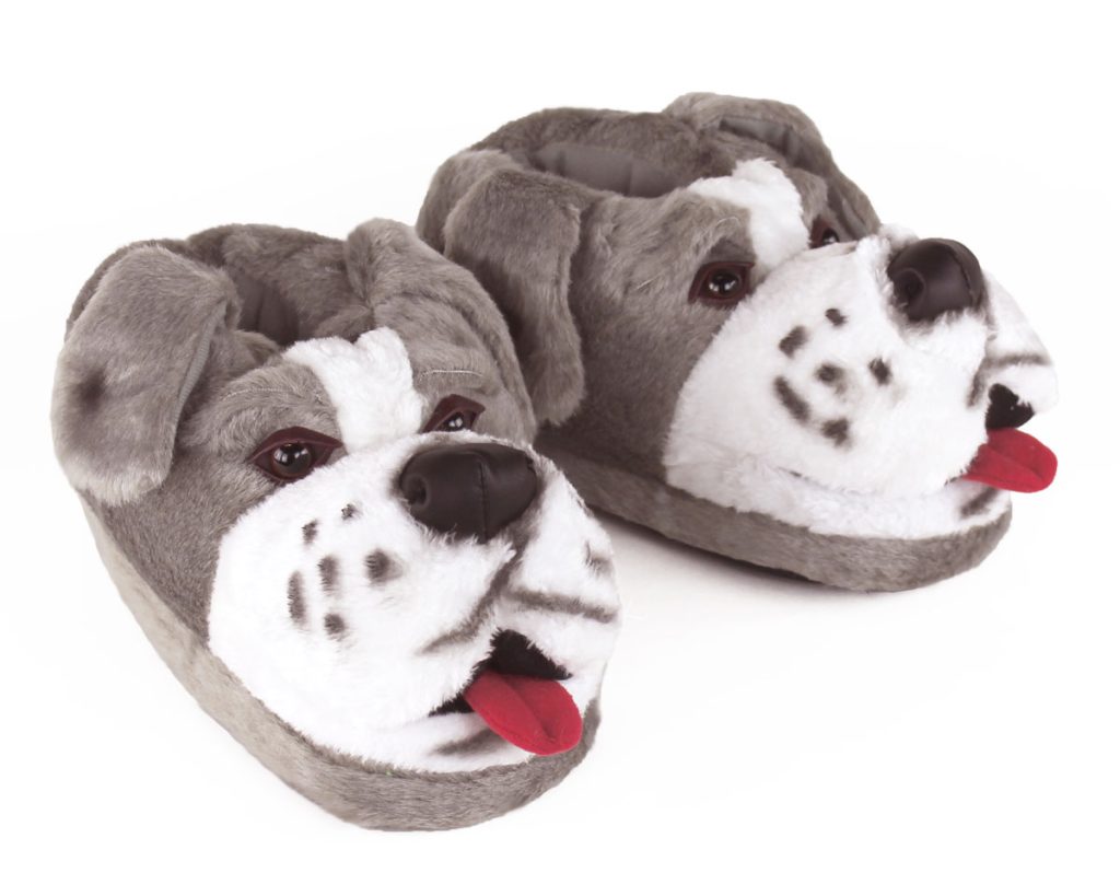 a pair of plush sheep dog slippers