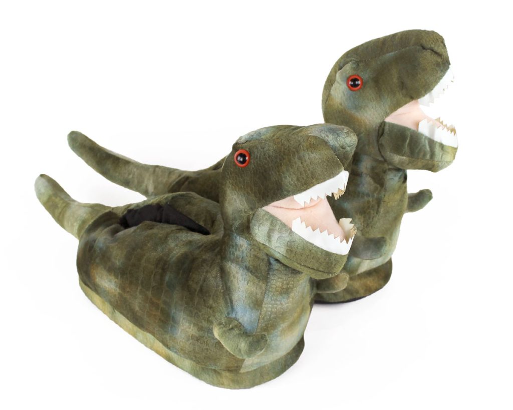 pair of plush t-rex dinosaur slippers