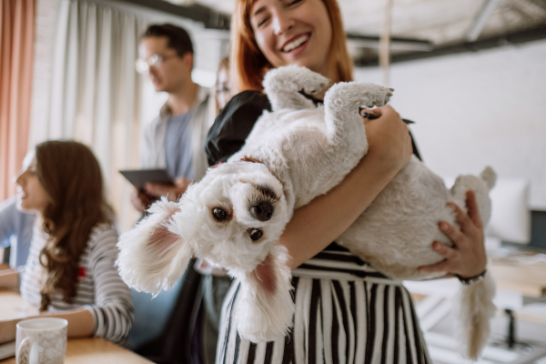 woman holding white dog and smiling
