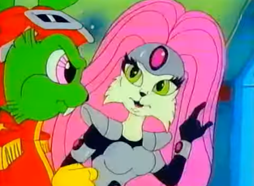 bucky o'hare, a green space rabbit, talks to jenny, a pink space cat