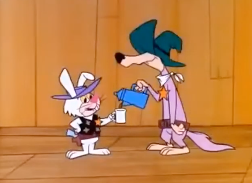 droop-a-long coyote pours a cup of coffee for ricochet rabbit
