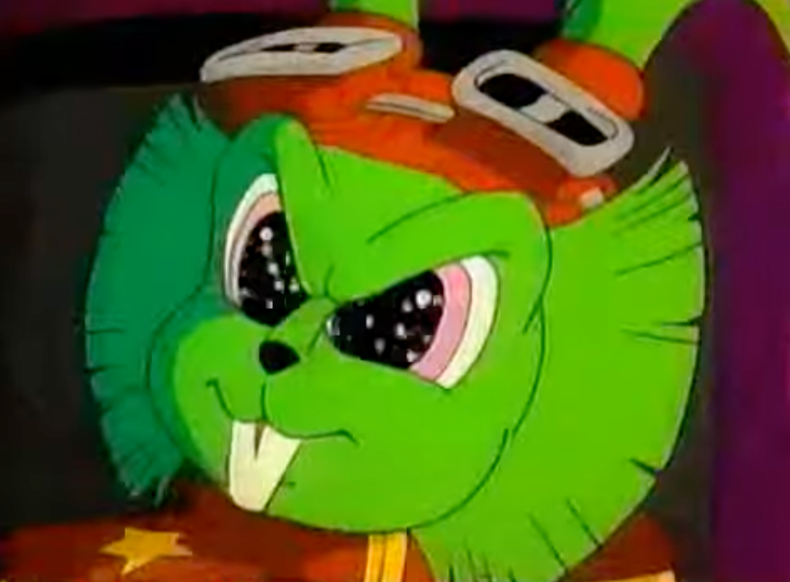 close up of the face of bucky o'hare, a green space ship commanding rabbit
