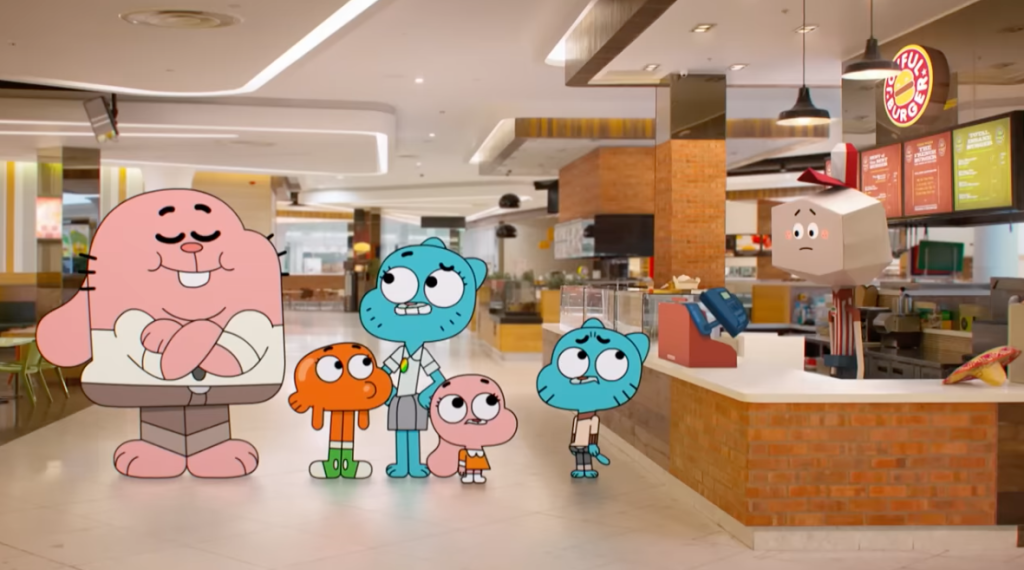 richard watterson, a pink cartoon rabbit, stands with other cartoon characters at a fast food restaurant