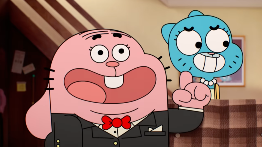 richard watterson, a pink cartoon rabbit, is talking and pointing a finger.  a blue cat is in the background