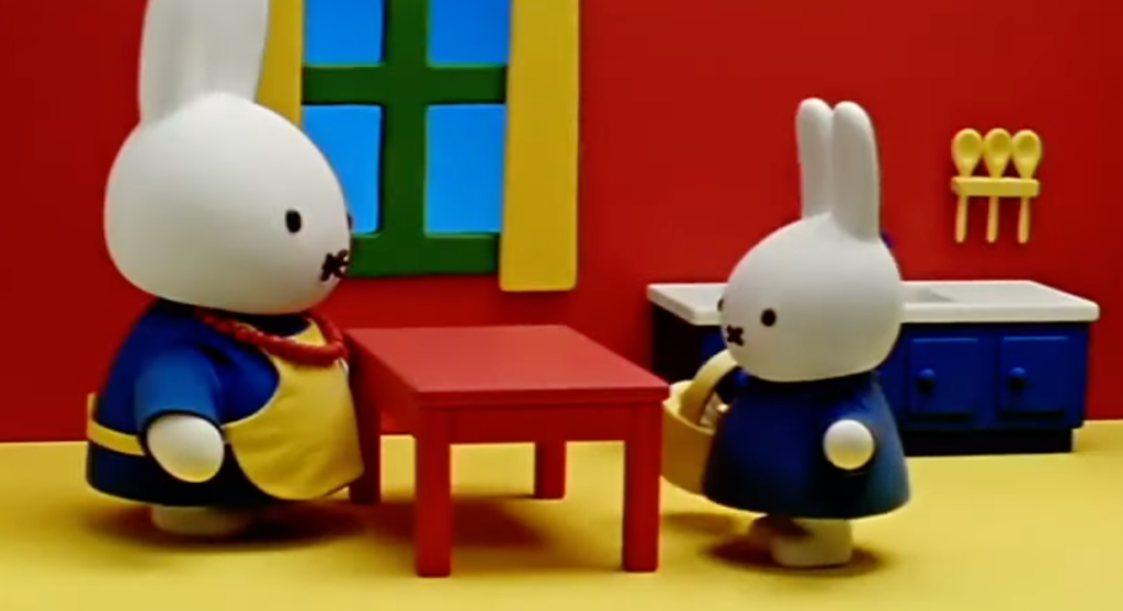 miffy and her mother stand in the kitchen. miffy is holding a basket.