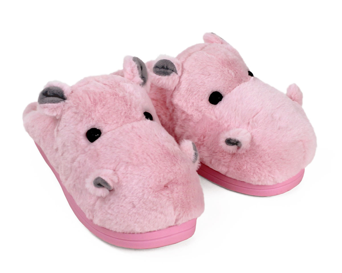Fuzzy Pink Hippo Slippers 3/4 View