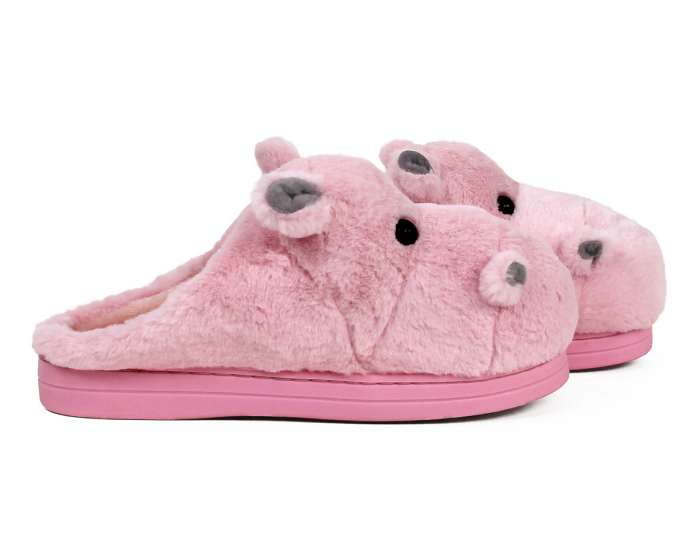 Fuzzy Pink Hippo Slippers Side View
