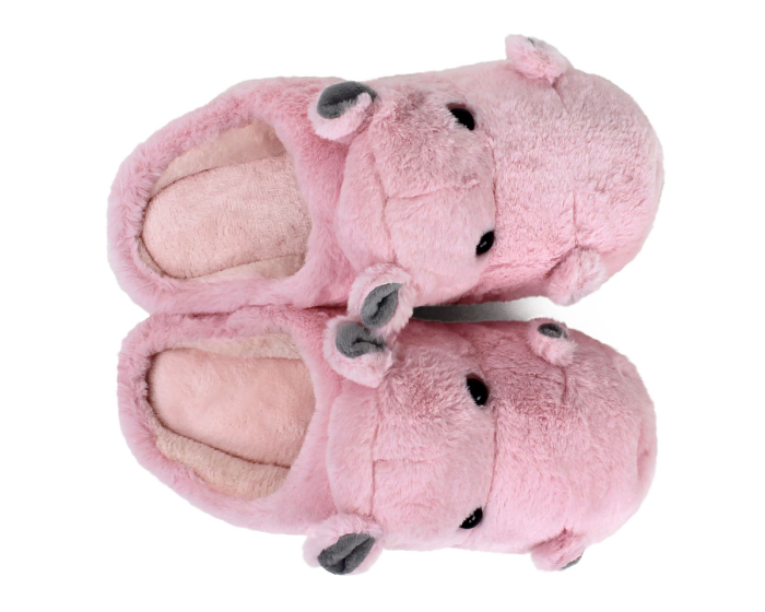 Fuzzy Pink Hippo Slippers Top View