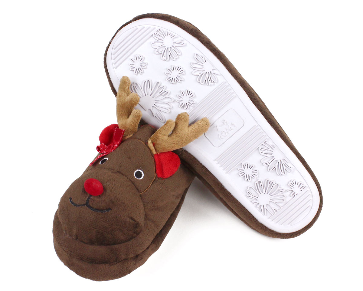 Mens/Womens Footwear Novelty Unisex Rudolph Slippers With Felt Antlers & Hat 
