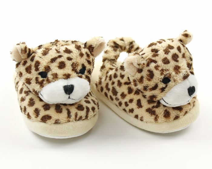 pair of plush slippers for toddlers that look like little cheetahs