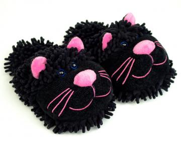Fuzzy Black Cat Slippers